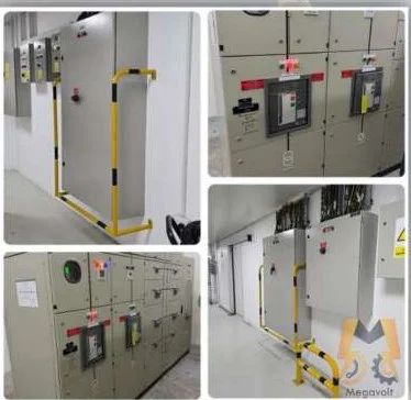 LV switchgear panels with air circuit breakers and safety barriers in the Bateel factory panel room, Dubai Investments Park