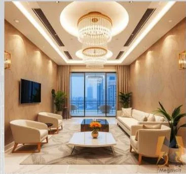 Completed apartment living room in JLT with stepped gypsum ceiling, cove lighting and chandeliers